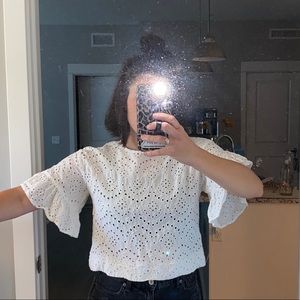 White eyelet crop top with flutter sleeve